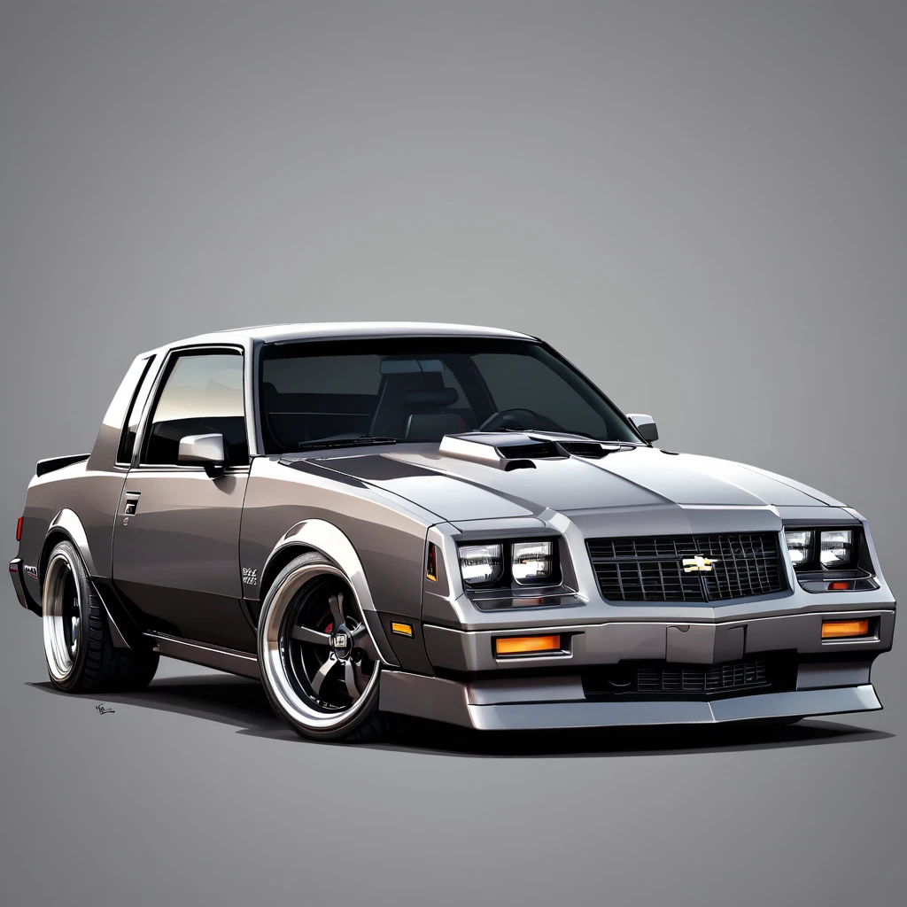  1986 Chevy monte carlo ss, pop art, cartoonish style ,detailed, illustration, slammed to the ground, large black staggered wheels, wide bodykit, masterpiece, highly detailed ((([simple grey background])))