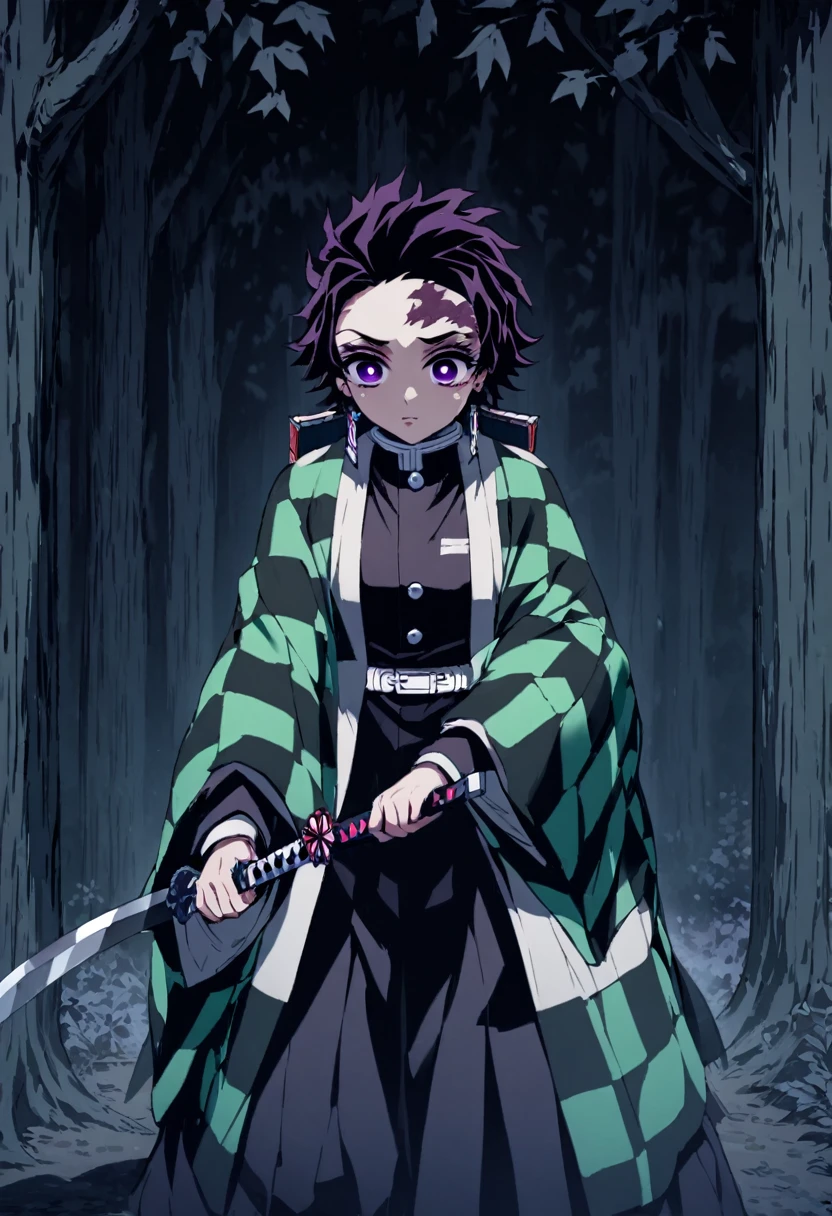 ultra detaild,high resolution, absurderes,hdr, work of art,from the shadows,blackquality hair,violet eyes,haori violeta com eyeshadows preta,Kimetsu no Yaiba,costumes,chamas das eyeshadows, picking up a sword,alone in the forest,magie,great quality,extremly detailed face and eyes,eyeshadows,picking up a sword,((((from the shadows from demon Slayer))))