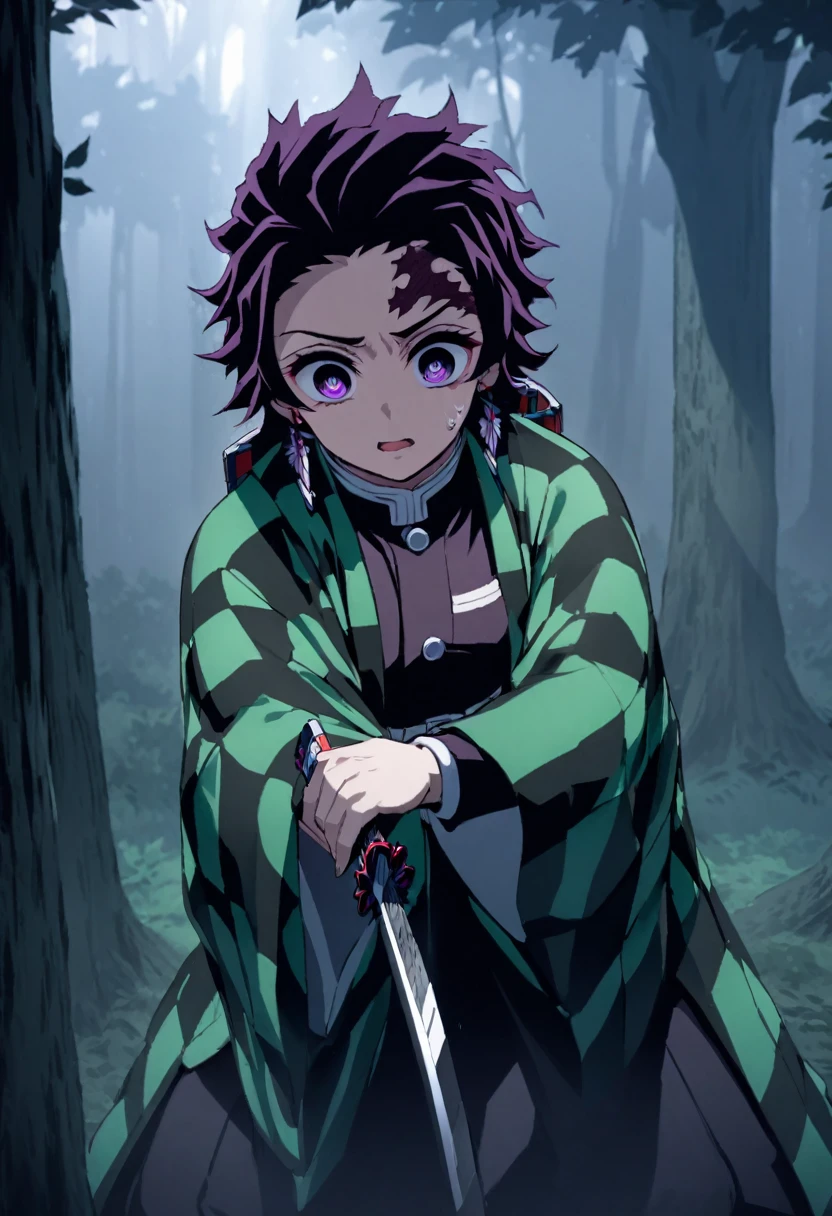 ultra detaild,high resolution, absurderes,hdr, work of art,from the shadows,blackquality hair,violet eyes,haori violeta com eyeshadows preta,Kimetsu no Yaiba,costumes,chamas das eyeshadows, picking up a sword,alone in the forest,magie,great quality,extremly detailed face and eyes,eyeshadows,picking up a sword,((((from the shadows from demon Slayer))))