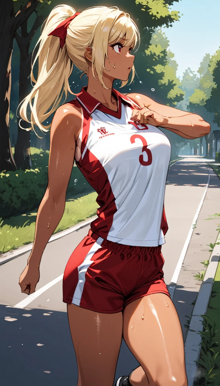 (masterpiece)、(absurdres)、(ultra detailed)、(solo lady)、(blonde hair:1.0)、(shiny red eyes:1.1)、(highponytail:0.9)、(a little red libbon:0.8)、(long hair:0.7)、(middle breast:0.8)、(Volleyball player uniform、tan lines,Shorts),top sun lighting、Tree-lined street、tan skin,sweat,running pose:0.8、side view,looking away:1.1,Looking into the distance、