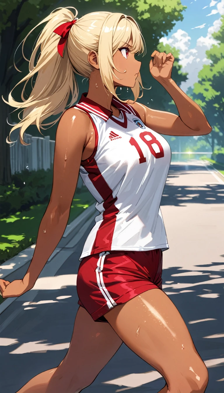 (masterpiece)、(absurdres)、(ultra detailed)、(solo lady)、(blonde hair:1.0)、(shiny red eyes:1.1)、(highponytail:0.9)、(a little red libbon:0.8)、(long hair:0.7)、(middle breast:0.8)、(Volleyball player uniform、tan lines,Shorts),top sun lighting、Tree-lined street、tan skin,sweat,running pose:0.8、side view,looking away:1.1,Looking into the distance、