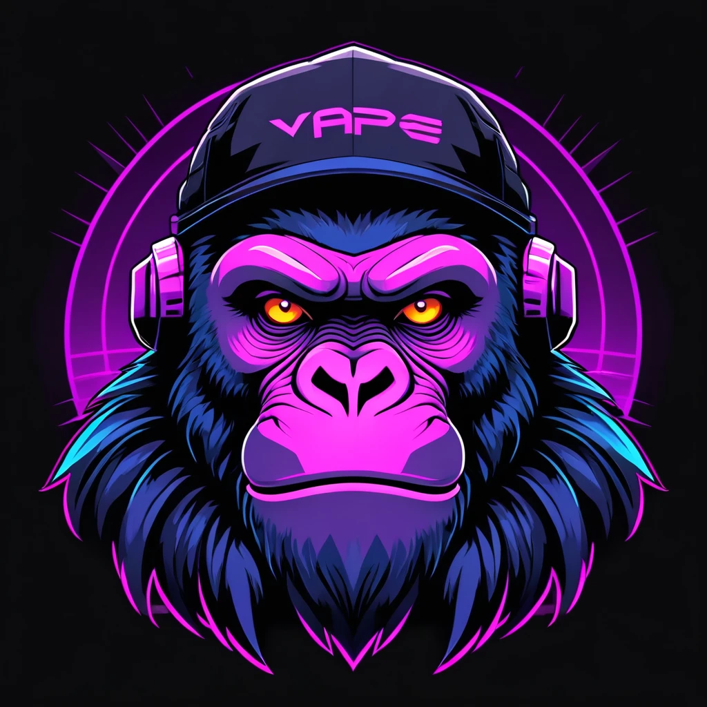 neonpunk style Ape head, hip-hop style, t-shirt design, flat colors, vector art, ((black background)) . cyberpunk, vaporwave, neon, vibes, vibrant, stunningly beautiful, crisp, detailed, sleek, ultramodern, magenta highlights, dark purple shadows, high contrast, cinematic, ultra detailed, intricate, professional