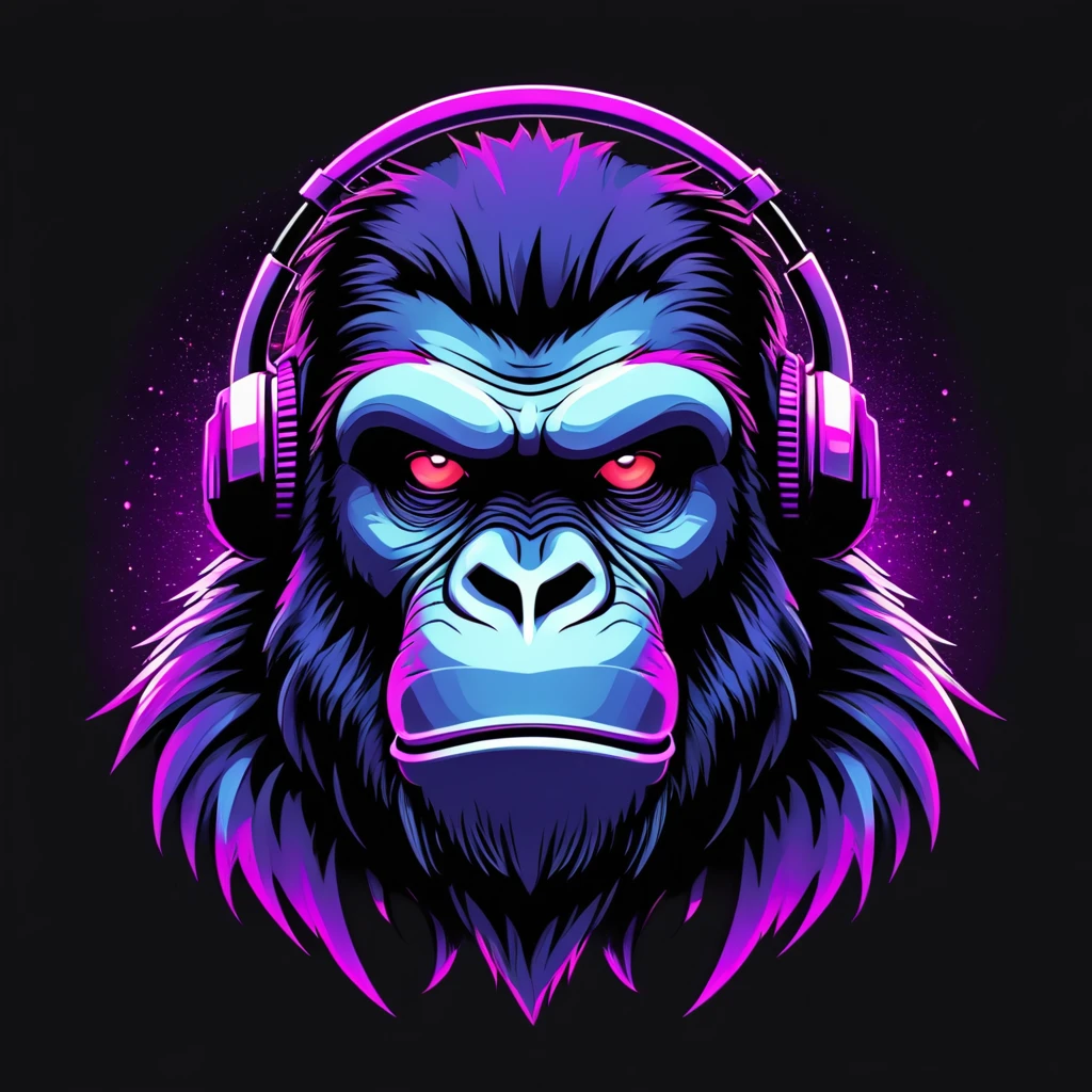 neonpunk style Ape head, hip-hop style, t-shirt design, flat colors, vector art, ((black background)) . cyberpunk, vaporwave, neon, vibes, vibrant, stunningly beautiful, crisp, detailed, sleek, ultramodern, magenta highlights, dark purple shadows, high contrast, cinematic, ultra detailed, intricate, professional