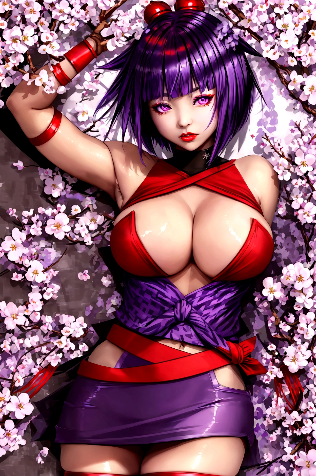 ((Ayane from the Dead or Alive series)) (Beautiful Face)(big glowing eye)(Red lips) (((Purple short straight hair))) ((Very large breasts) (Perfect slim body) (She is wearing a short, tight, black strapless dress with purple and red embellishments), (Shinobi Gauntlet, stockings, A large red cloth belt around the waist) (Sexy pose in the cherry blossom garden) (High resolution, Great light and shadow) ((masterpiece)) (8K) (Perfect Face) (Super detailed) (Perfect hands, eye, and face)
