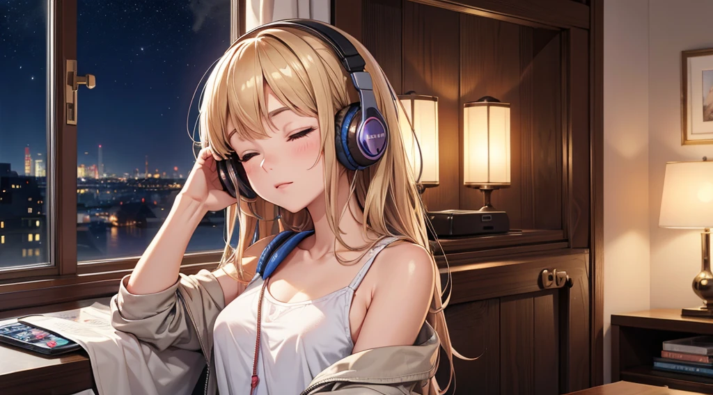 Girl with headphones enjoying music in a home I am studying Emphasize a little bit of the big chest Looking towards me with eyes closed Night Background