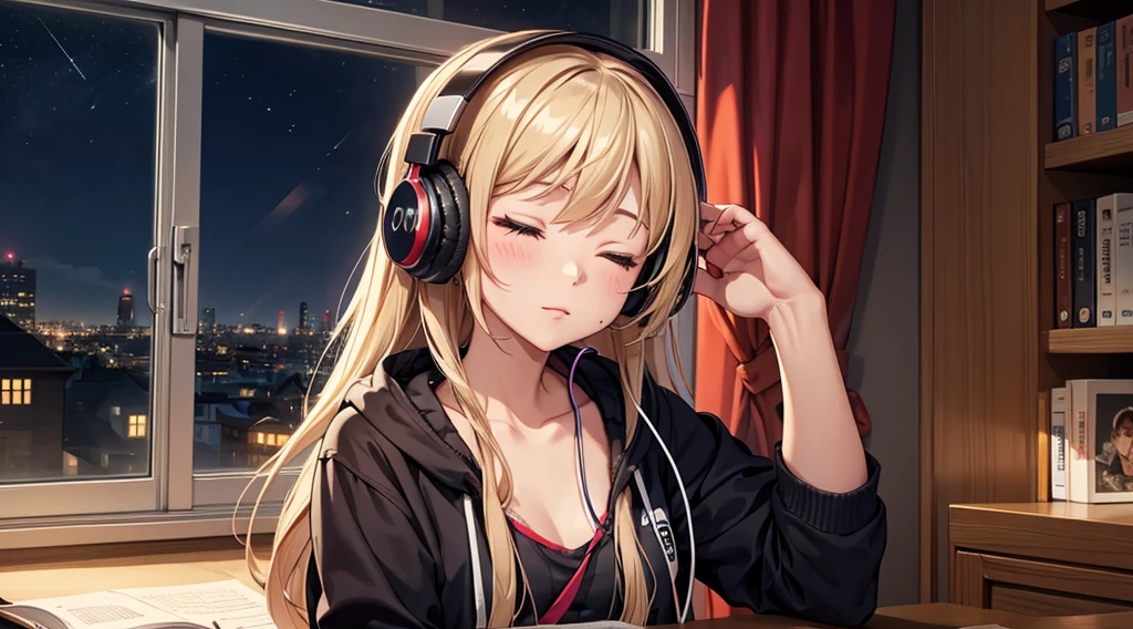 Girl with headphones enjoying music in a home I am studying Emphasize a little bit of the big chest Looking towards me with eyes closed Night Background