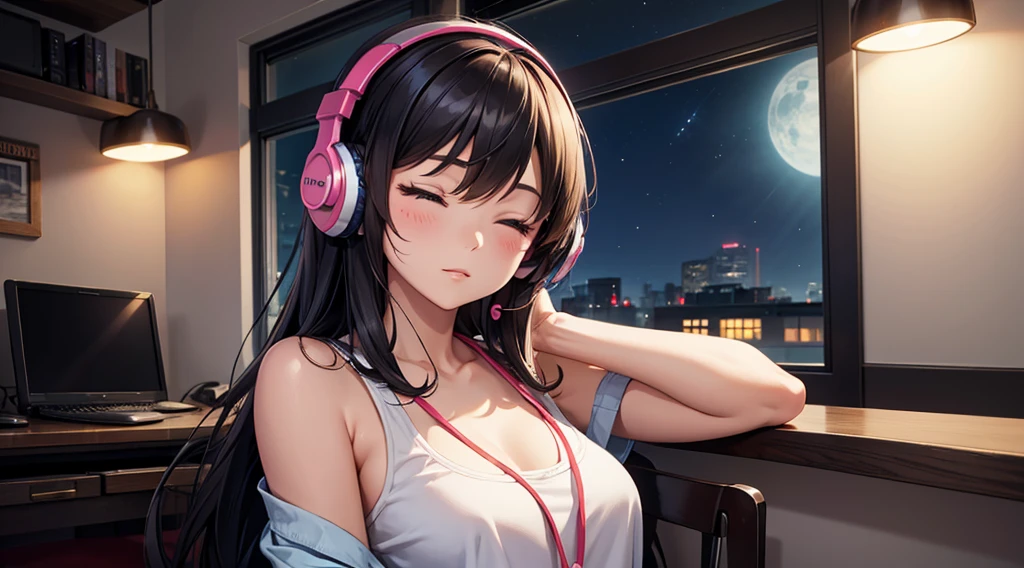 Girl with headphones enjoying music in a home I am studying Emphasize a little bit of the big chest Looking towards me with eyes closed Night Background