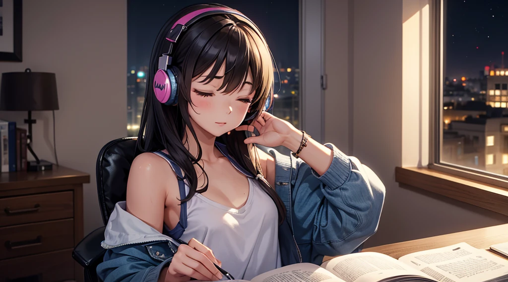 Girl with headphones enjoying music in a home I am studying Emphasize a little bit of the big chest Looking towards me with eyes closed Night Background