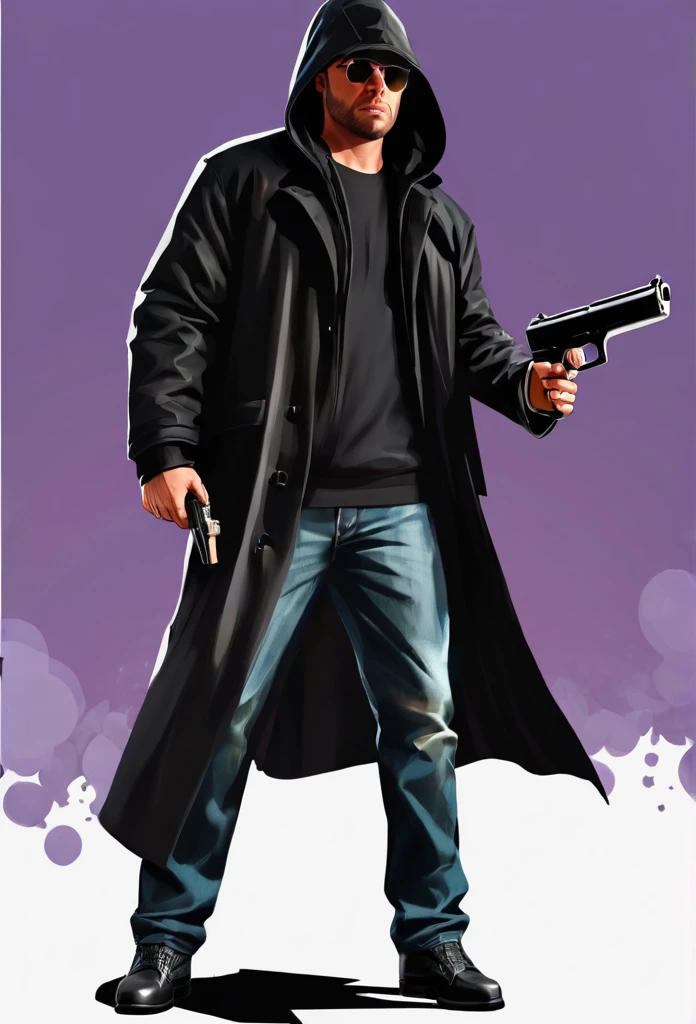 GTA style,Rob a bank , bank , dollar , chumbo masculino man with hood and black coat and a gun with png background