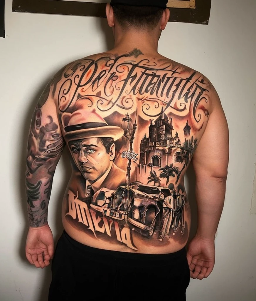 "Create a large back tattoo inspired by the style in the reference image. The tattoo should include the following elements:

A detailed depiction of a favela in Rio de Janeiro, Brazil.
The face of a fat man wearing a beanie (emphasize that the face should be fat).
The front view of a black Opala car.
Graffiti writing that says 'BRAZIL'.
Ensure the composition is cohesive and the elements blend well together, maintaining a similar artistic style to the provided reference."