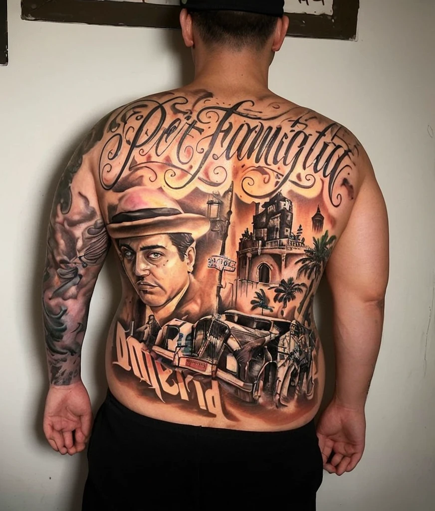 "Create a large back tattoo inspired by the style in the reference image. The tattoo should include the following elements:
A detailed depiction of a favela in Rio de Janeiro, Brazil.
The face of a fat man wearing a beanie (emphasize that the face should be fat).
The front view of a black Opala car.
Graffiti writing that says 'BRAZIL'.
Ensure the composition is cohesive and the elements blend well together, maintaining a similar artistic style to the provided reference."