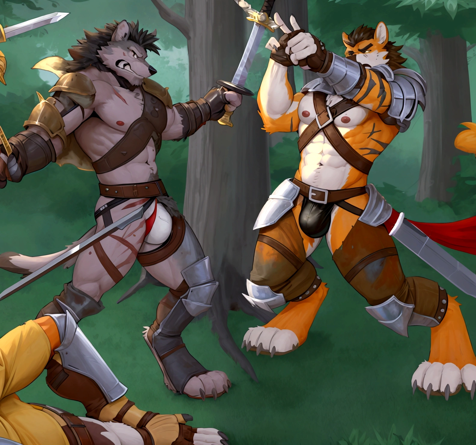 Couple of Sexy young anthro furry wolfes male mercenary warriors, slim endomorph muscular, handsome gay model male apperance, they are fighting with swords in forest ancient battle, sword duel, angry anger look, rage, sword scars, worn out leather skimpy armament, low on hips heavy leather belt, old very worn out skimpy dirty linen material jockstrap, old yellow dirty worn out stains on white sawn jockstrap, very visible "x" brown seam pattern on the jockstrap, studded skimpy armlets breastplate armor, skimpy breastplate, leather bondages, fingerless leather gloves, smelly unwashed furr, dirty body look, both of them hold blooded sword in hand, proffesional anathomy, correct anathomy, five fingers, correct muscules building, proffesional perspective, professional composition, proffesional cinematic sword fight scene, correct sword hold in hand, onehit another sword, one parry the hit ckashing both swords, sword clash, crossed swords, big heavy swords