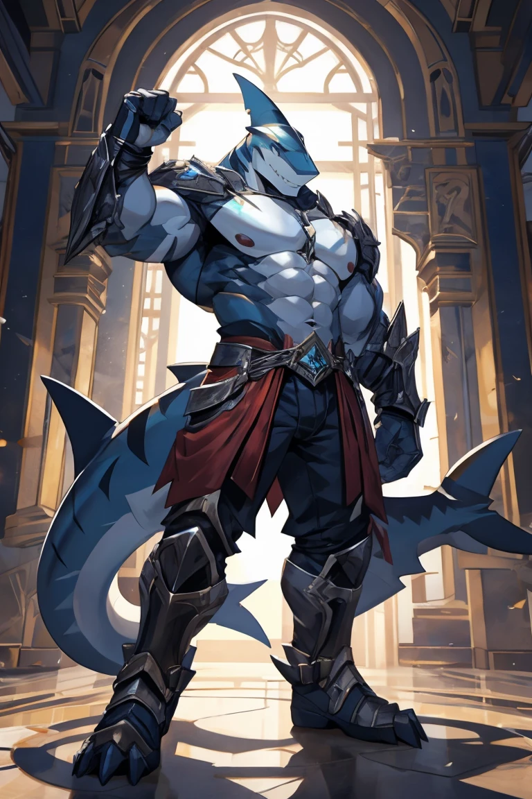 shark man medieveal in confidence pose, full body, frontal pose