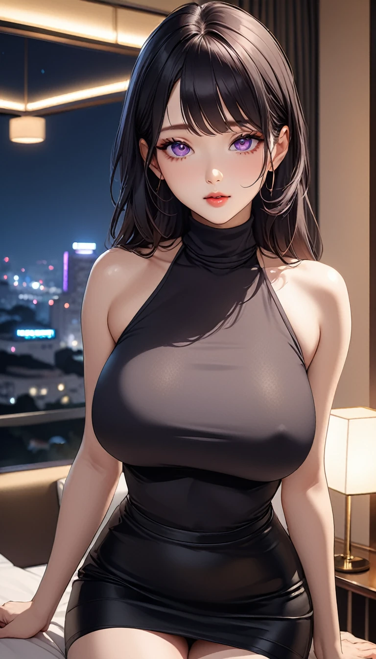 masterpiece, high resolution, beautiful woman, Korean Beauty, 30 years old, black sleeve less turtle neck, mini pencil skirt, beautiful woman, night hotel, looking at me, (high resolution face), (high resolution eyes), (high quality eyes), black hair, big tits, purple eyes