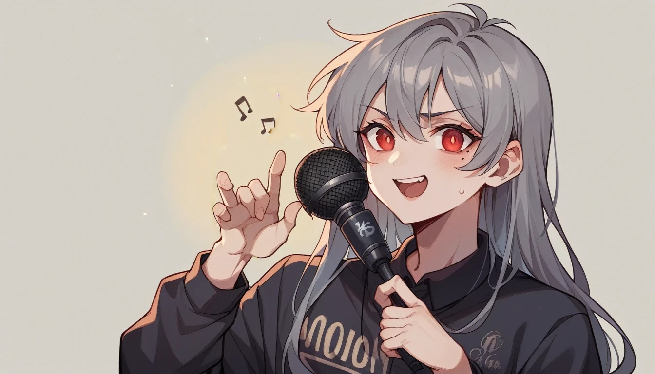 1 teen girl character。Model standing、whole body、gray hair color、Glowing red eyes、Long Hair、There is a mole under the left eye、Singing with a microphone、On a transparent background、Depict people only。
