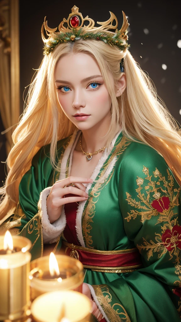 Portrait of a beautiful empress, Blonde, Perfect Blue Eyes, wonderful, An incredibly impressive large Christmas headpiece, Clothing Santa Robe, All about Christmas, snow, Symmetric, Dramatic studio lighting, Rococo, Baroque, green, Asian, Hyperrealism, close, d&d, Fantasy, Complex, elegant, Very detailed, Digital Painting, Art Station, Octane Rendering, 8K, Concept Art, mat, Sharp focus