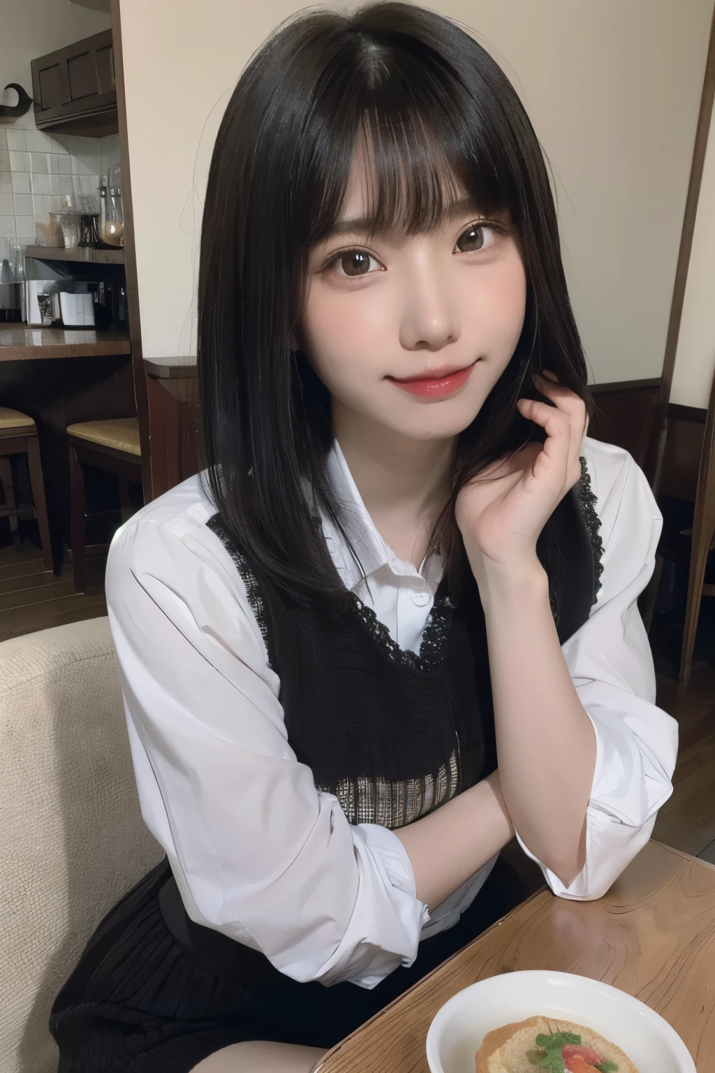 RAW Photos,(8K)、(Highest quality: 1.2)、(Real)、(Real: 1.37)、Ultra-high resolution、A young woman is smiling at the camera。She has long black hair、The bangs are cut loosely around the face。She is wearing a black dress、She has a big black ribbon in her hair.。There is an ice cream parfait on her desk.。The decorations feature cute characters.。In the background you can see the interior of a cafe.。She is looking calmly at the camera。(Hide your hands)