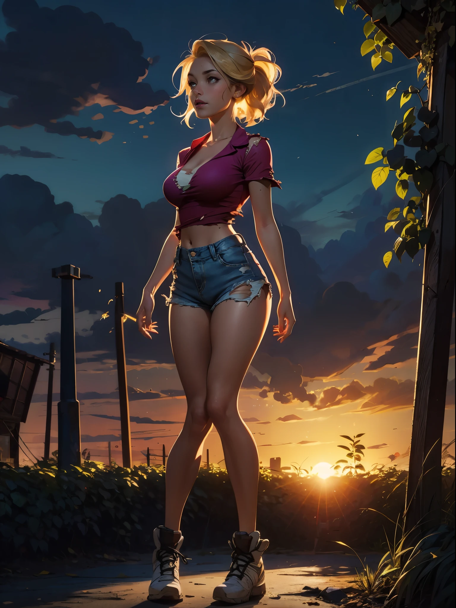 2076 year. The Urban Ruins of the Wasteland, Female huntress picking fruit in the garden, beautiful face, blonde, very torn shirt and denim shorts, shirt in tatters ,  long legs, sweating through, sun rising, Nice warm colors, head to toe full body shot