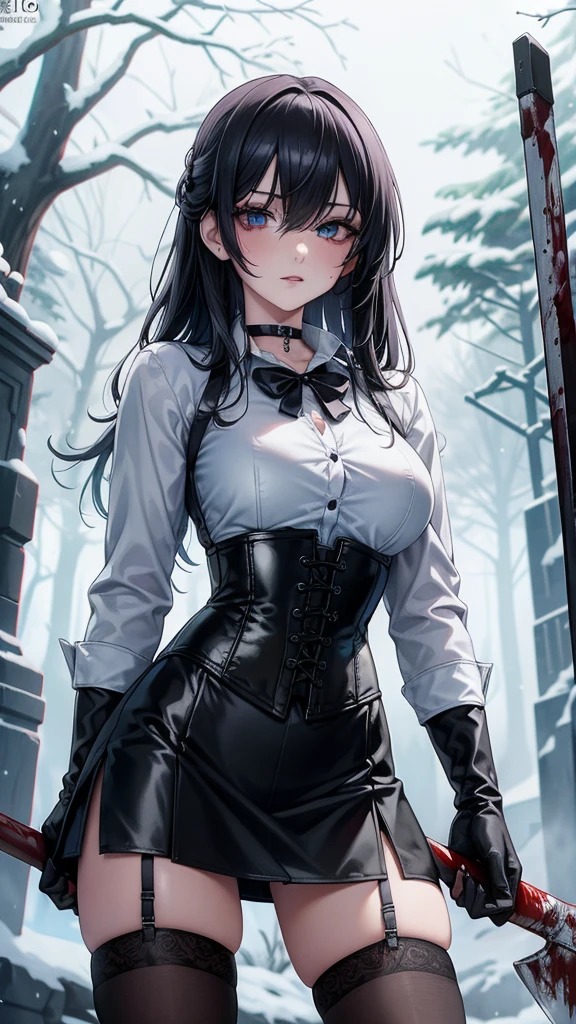 ((blood droplets)), ((blood)), ((blood splatter)), ((blood on clothes)), ((blood stain)), Masterpiece, Beautiful art, professional artist, 8k, art style by sciamano240, Very detailed face, Detailed clothing, detailed fabric, 1 girl, front view, standing, perfectly drawn body, terrified expression, pale skin, beautiful face, long black hair, Blue eyes, very detailed eyes, pink cheeks, choker:1.6, (white collar button down long sleeve shirt), black gloves, gloves that cover hands, (holding an ax in his right hand), (black leather corset), (shiny black miniskirt), Sensual Lips , evening de invierno,  show details in the eyes, looking at the viewer, Dark road, Snowy forest, evening, Atmosphere, snow