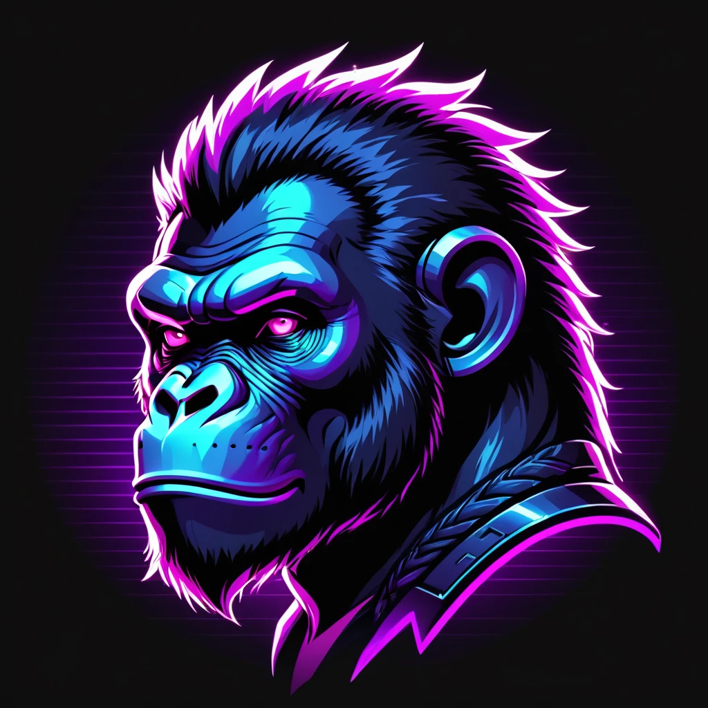 neonpunk style Ape head, futuristic style, t-shirt design, flat colors, vector art,  ((black background)) . cyberpunk, vaporwave, neon, vibes, vibrant, stunningly beautiful, crisp, detailed, sleek, ultramodern, magenta highlights, dark purple shadows, high contrast, cinematic, ultra detailed, intricate, professional