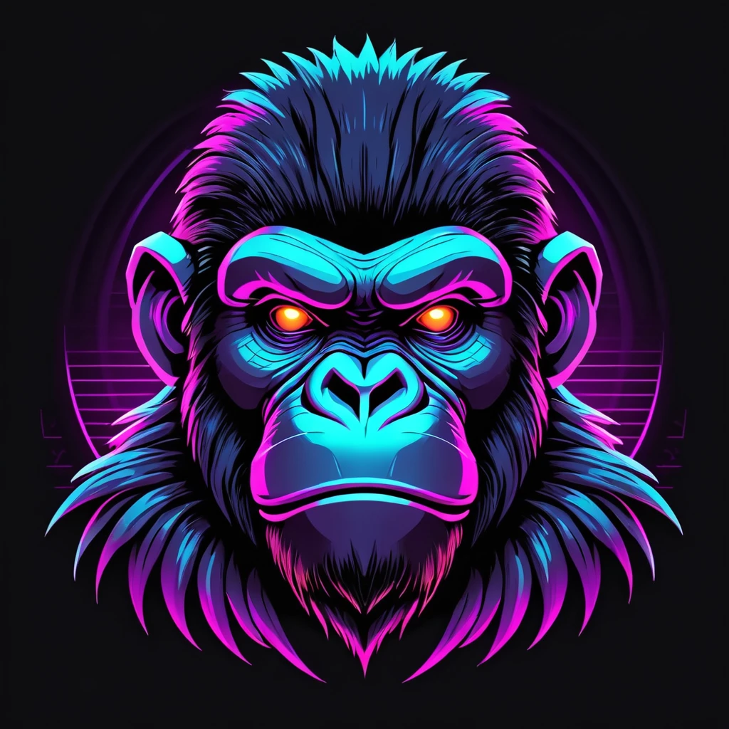 neonpunk style Ape head, futuristic style, t-shirt design, flat colors, vector art, ((black background)) . cyberpunk, vaporwave, neon, vibes, vibrant, stunningly beautiful, crisp, detailed, sleek, ultramodern, magenta highlights, dark purple shadows, high contrast, cinematic, ultra detailed, intricate, professional