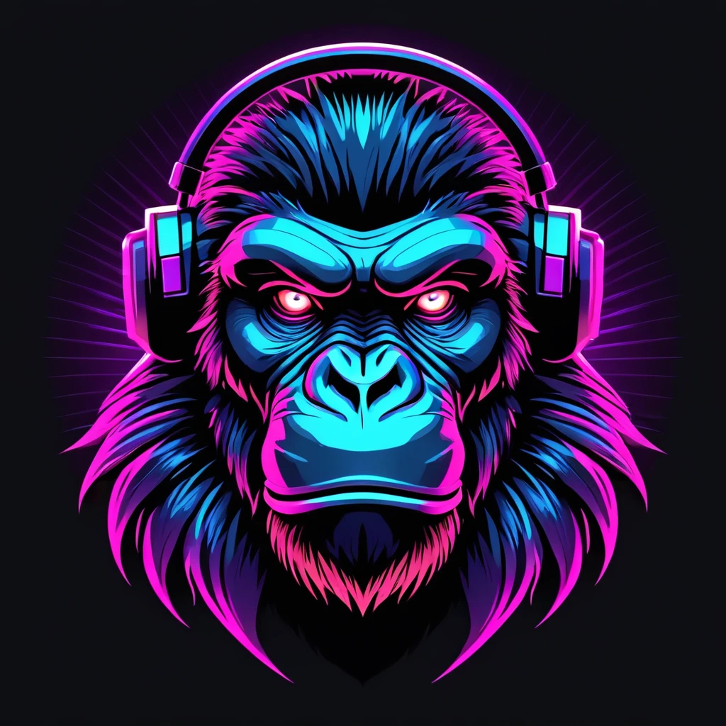 neonpunk style Ape head, futuristic style, t-shirt design, flat colors, vector art, ((black background)) . cyberpunk, vaporwave, neon, vibes, vibrant, stunningly beautiful, crisp, detailed, sleek, ultramodern, magenta highlights, dark purple shadows, high contrast, cinematic, ultra detailed, intricate, professional