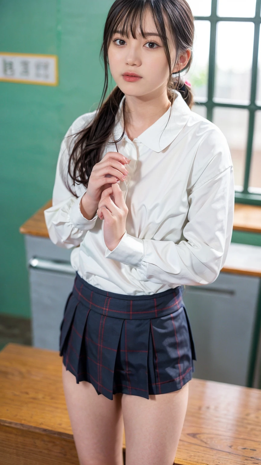 (((masterpiece、Highest quality、Very detailed:1.42、Focus on the eyes)))、White blouse and navy blue scarf、Portrait of a Japanese female high school student wearing a Japanese high school sailor uniform consisting of a skirt。Her hair is shoulder-length、Her straight black hair shines brightly.、The bangs are trimmed above the eyebrows。Her skin is translucent and bright、There is a natural flush to the cheeks。Her big black eyes shine gently、Her thin, naturally arched eyebrows soften her look.。Her lips are pale pink、Smiling。
The background is a Japanese high school classroom.、Natural daylight pours in through the large windows。Outside the window is blue々Tree々I can see、A peaceful landscape spreads out。The wooden desks and chairs are lined up neatly in the classroom.、Textbooks and notebooks are spread out on the desk.。There are chalk-written formulas and notes on the blackboard.、Traces of classes can be seen。The classroom walls are decorated with school posters and bulletin boards.、A vibrant learning environment is apparent。
She holds her textbook in one hand、The other hand is lightly placed on her hip。On the cover of the textbook「Japan history」It is stated that、Carefully drawn down to the smallest detail。Her posture is relaxed、Standing naturally。The school emblem is embroidered on the collar of the uniform.、The fine details are impressive。彼女の足元には黒いローファーI can see、White socks give off a clean look.。
There is hope and expectation for the future in her eyes.、His eyes reflect the light。Each strand of hair is depicted delicately.、Light and shadow are realistically expressed。The light coming in through the classroom window softly illuminates her outline.、It enhances her presence even more.。Other students in the background are concentrating on the class.、Each one is depicted in a different pose and expression.。as a whole、A vibrant and realistic learning environment is vividly recreated, just like a photograph.。