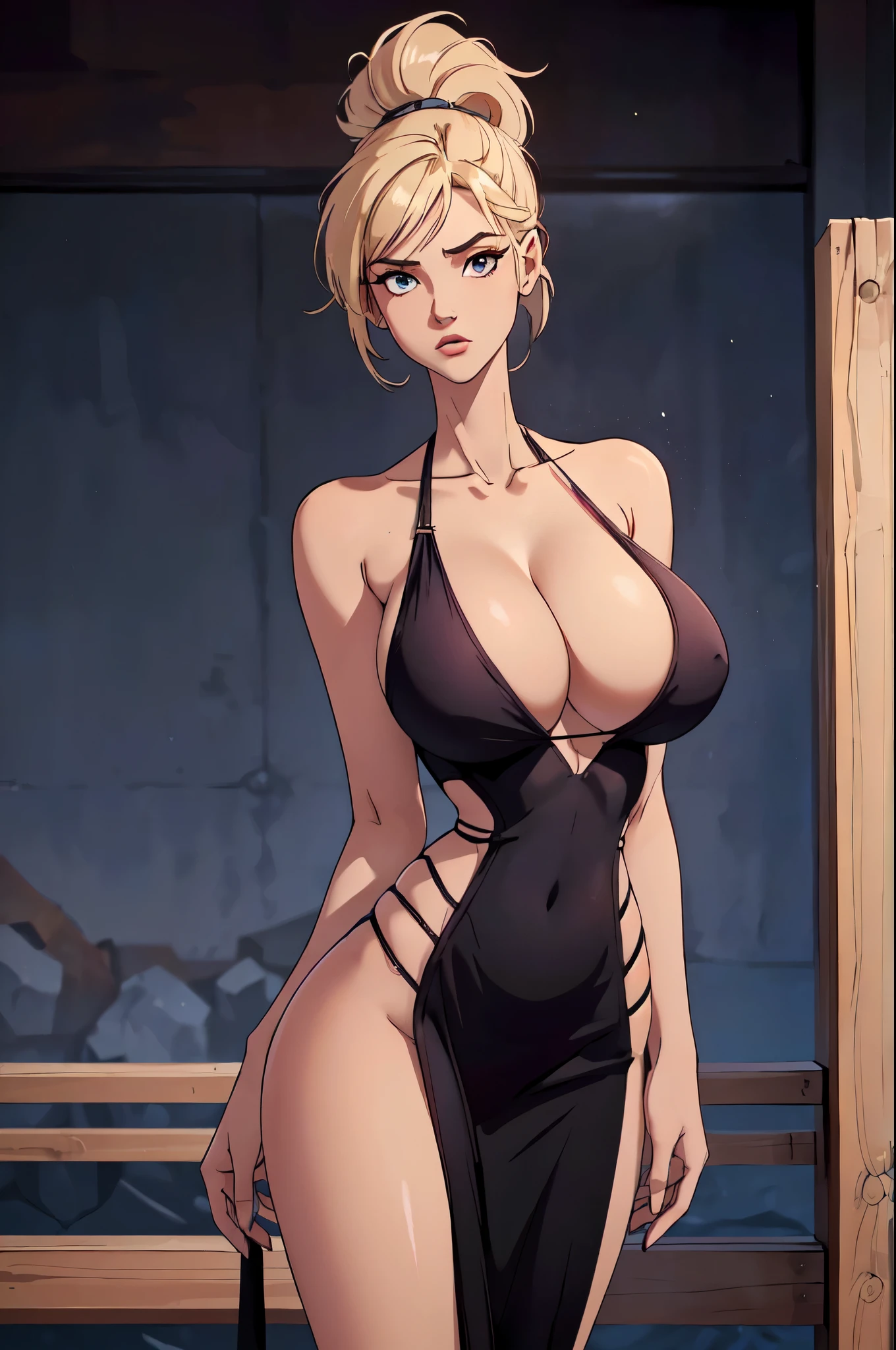 (highly detailed:1.4), best quality, masterpiece
girl, a stunning American girl, 18 yo., short messy blonde hair, tall slender body, tight revealing pelvic curtain dress, posing for photo, outdoor dynamic scene, ((longtorso, ltso):1.2), (longneck:1.3), tall, ((((Huge breas