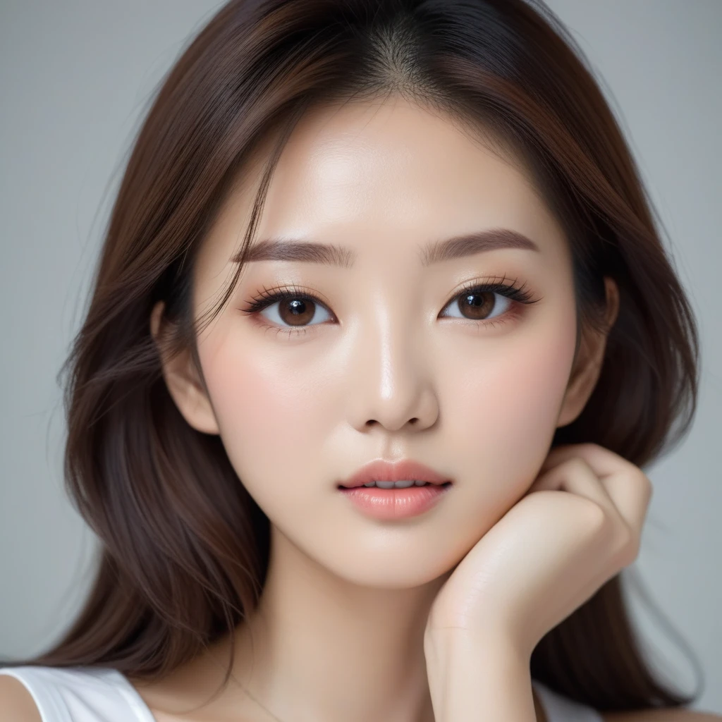 Close-up of a woman wearing a white top and brown hair, Asian beautiful face, Beautiful Korean woman, Young and beautiful Korean woman, Beautiful young Korean woman, Female beautiful face, Young and cute Korean face, Beautiful female face, Popular Korean makeup, Beautiful Japanese girl face, Beautiful Asian girl, Beautiful face woman, Popular Korean makeup, Korean facial features