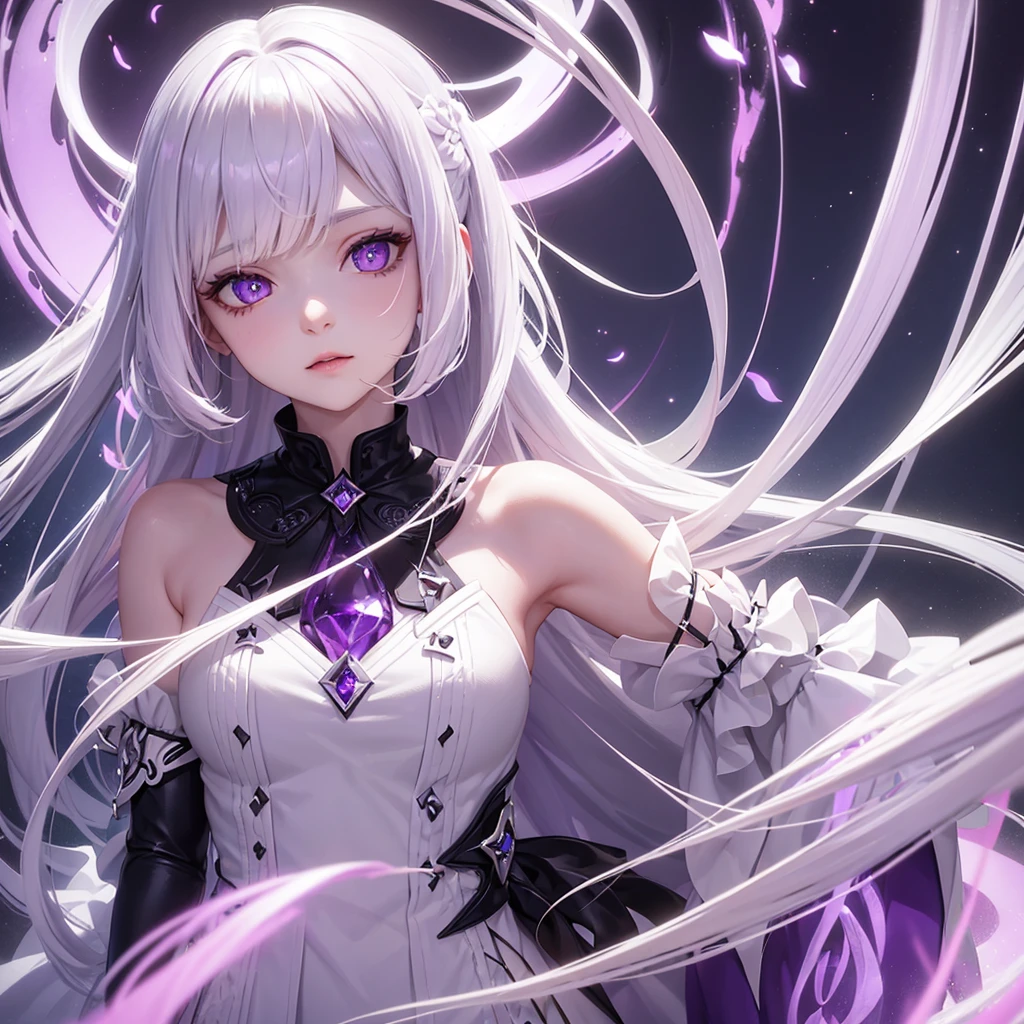 A girl with purple magic around her,pale skin,white hair, highest detailed hair, long hair,white iris,eyes with a very light shade of purple