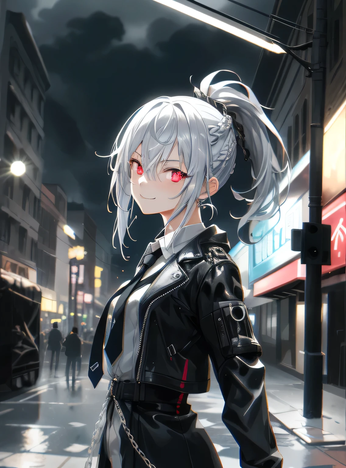 , chromatic aberration, Depth of written boundary, Soft lighting, Tabletop, Highest quality, Complex, Tone Map, Very detailed, Art Station, Concept Art, Smooth, Great sharp focus, Dramatic lighting, Very detailed artwork, Cinematic, Hyperrealistic painting, Art Stationでトレンド, 8K, Incredible Shadows, Realistic, (Very detailed background:1.0), Very detailed portrait of one girl standing on a street corner, Between lightning and a storm in the cloudy sky, neon and cyberpunk background, She is wearing a punk outfit with silver chains,  she is wearing a tie, , Have clear pupils、Glowing red eyes, Ominous aura halo, Very smiling、Backlight、Silver Hair、Braid、ponytail、morning、she paints a picture、black ink splatter、splash