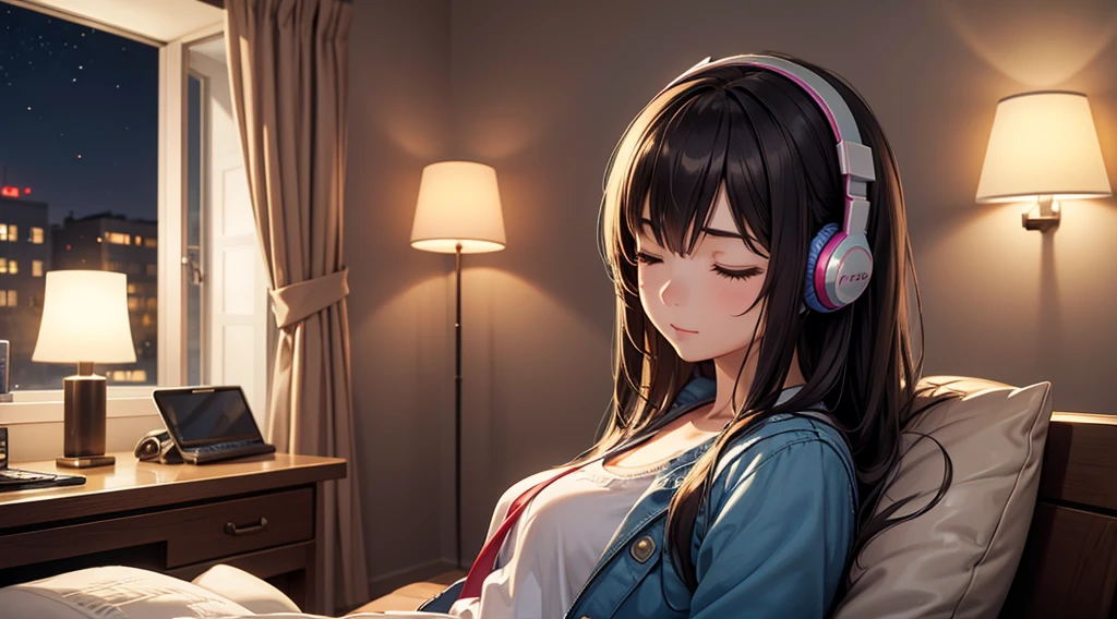 Girl with headphones enjoying music in a home I am studying Emphasize a little bit of the big chest Looking towards me with eyes closed Night Background