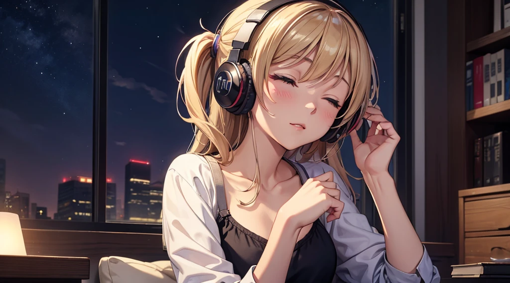 Girl with headphones enjoying music in a home I am studying Emphasize a little bit of the big chest Looking towards me with eyes closed Night Background