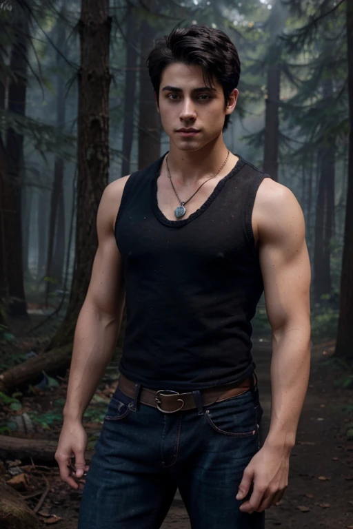 Justin Russo, David Henrie, Teen Wolf, 18 years old, short messy black hair, slim and muscular build, blue eyes, black sleeveless shirt, black denim vest, dark blue jeans, black belt, colored combat boots light brown, bat pendant, forest background with fog