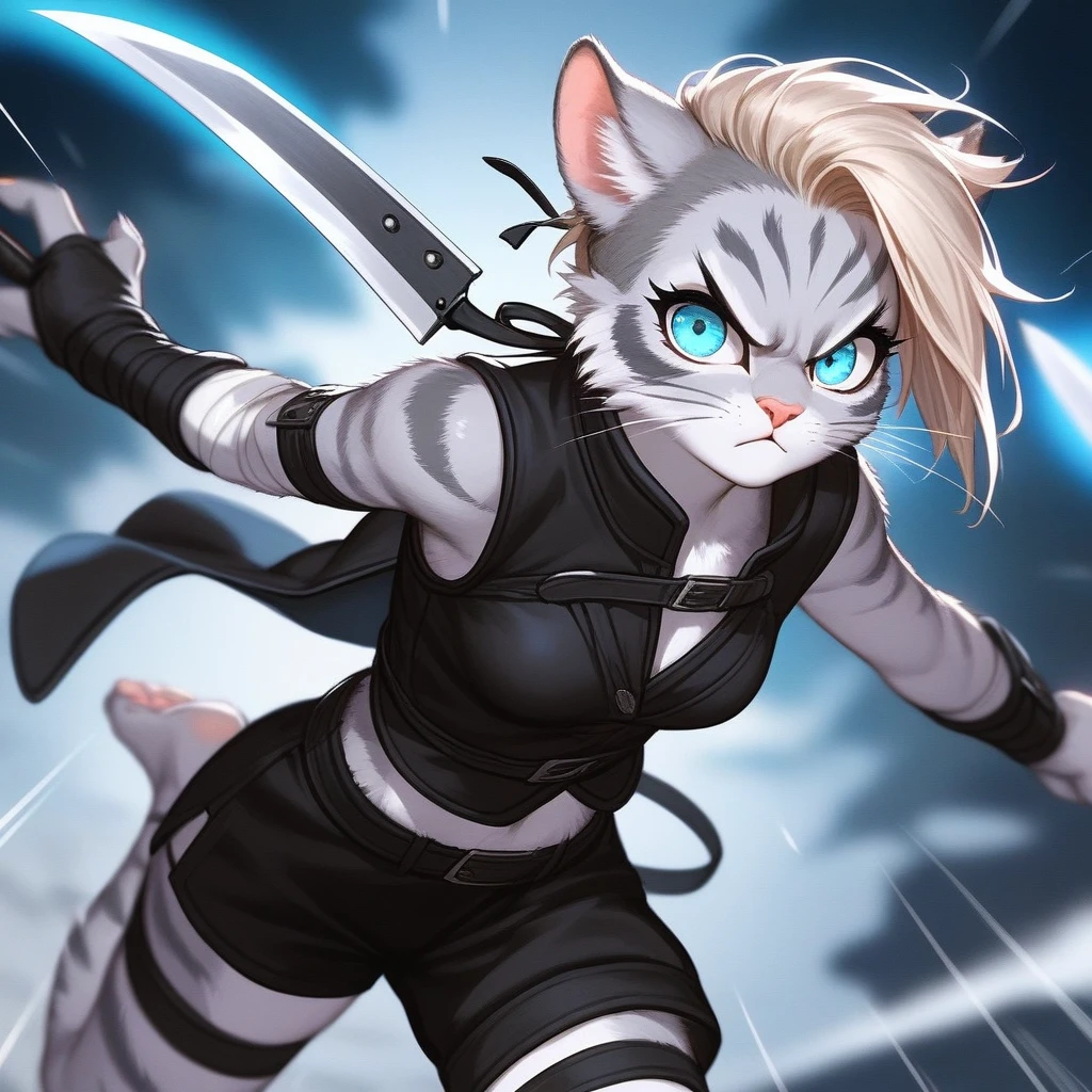 Solo, score_9,score_8_up,score_7_up, source_cartoon, cartoon, kat, Anthro furry feline, female, tall slender body, long blonde hair, long undercut hair, pink nose, blue eyes, white whiskers, silver fur, grey stripes, furry body, wearing black cloth vest, black leather medieval vest, black short shorts, adventuring gear, feet wrapped in bandages, plantigrade feet paws, holding two knives, Naruto running, running towards viewer, angry expression, glowing blue eyes, outdoors, from above, dynamic action shot, speed lines, motion blur, hands behind back, side view