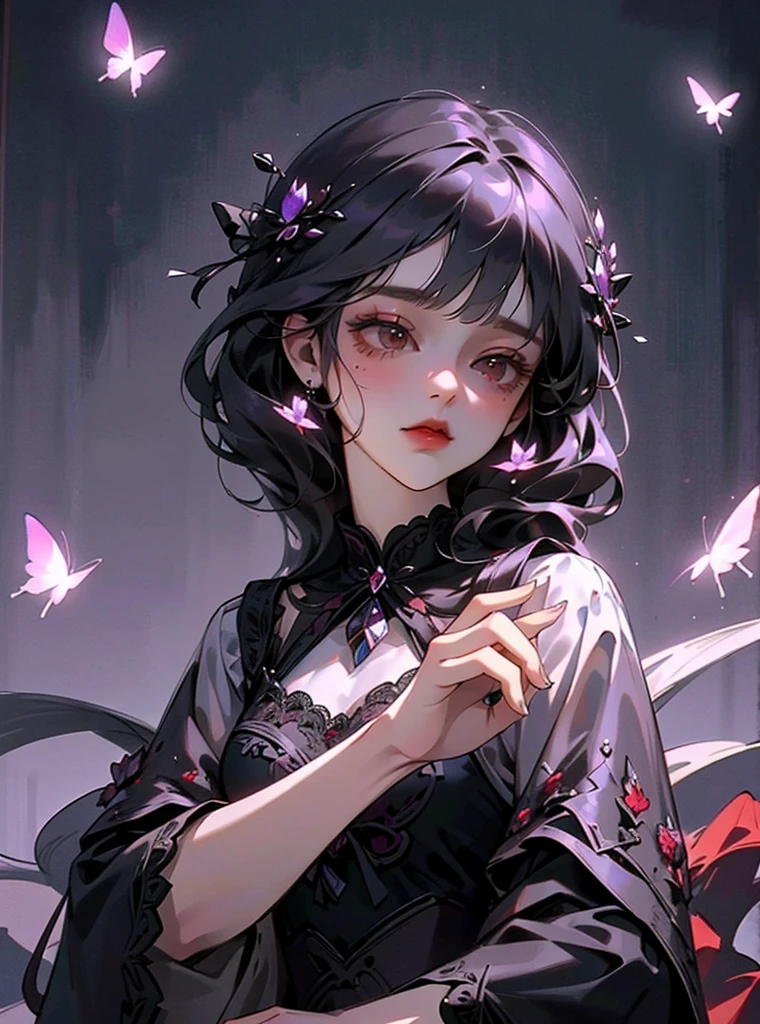 Girl, very light purple price, embroidered black lace dress, red crystal roses, crystal butterflies, brown eyes, long hair, feeling of indifference, attractive, lively, picturesque, very detailed, beautiful, complex 