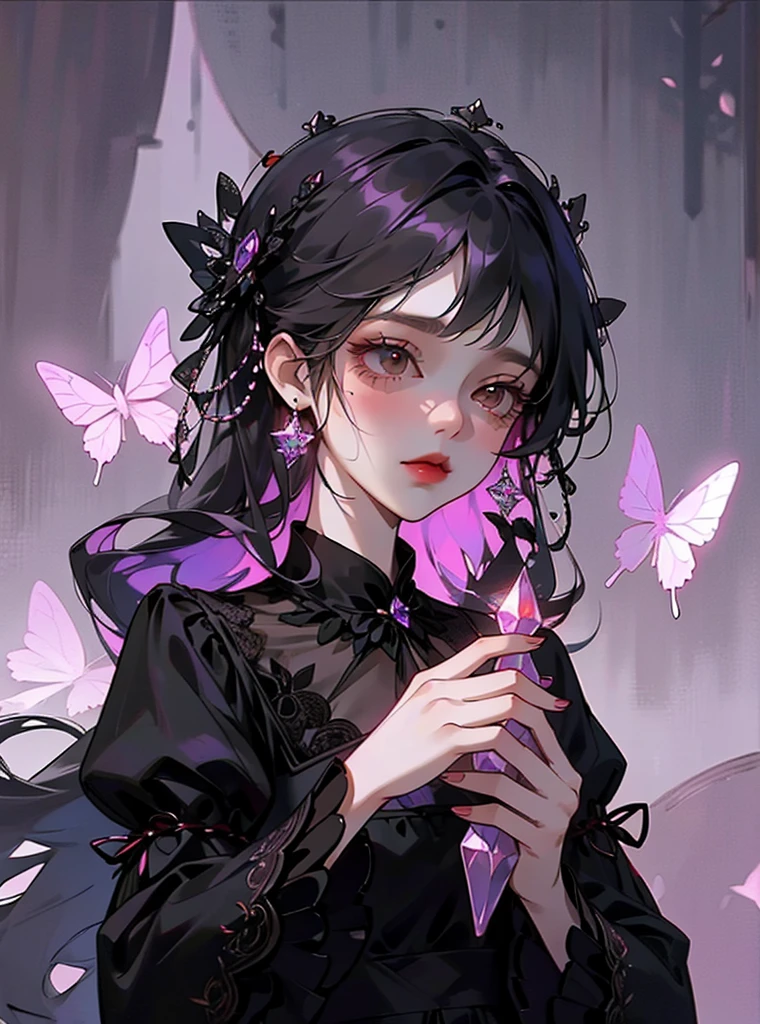 Girl, very light purple price, embroidered black lace dress, red crystal roses, crystal butterflies, brown eyes, long hair, feeling of indifference, attractive, lively, picturesque, very detailed, beautiful, complex