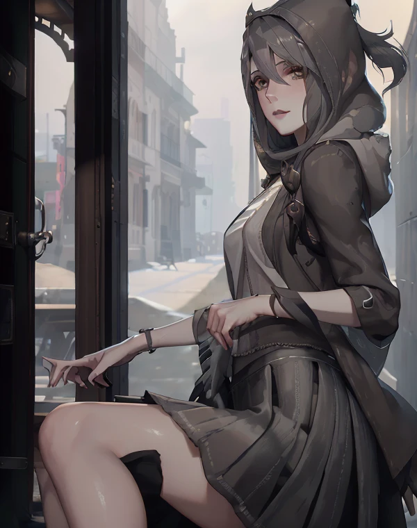 Tafah, High quality, Best quality, Beautiful, High resolution, Perfect lighting, Detailed face, Detailed body, 1 girl, Single, (Long gray hair), Brown eyes, Medium breast, ((White clothes)), ((Long gray skirt)), (Grey hat), In front of a cafe,