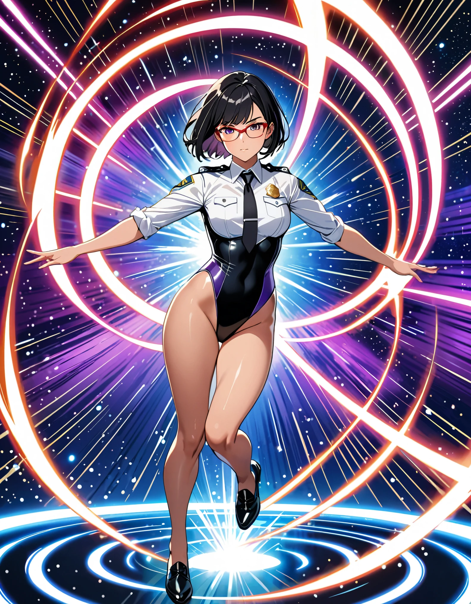 (masterpiece), (best quality), (high res), medium , ((jet black hair, short hair, bob hair, purple eyes, bangs)), japanese police uniform, glasses, ((white shirt, black tie)), ((leotard, white and red leotard, matching leotard, bare legs)), matching shoes, badge, solo, solo focus, standing, (full body), cowboy shot, superhero, ((beautiful detailed eyes)), standing straight, full body shot, cowboy shot, superhero, mature (perfect anatomy). spread arms, (spinning), (she spins) fast in place like a (tornado), spinning in place, tornado spinning, rapid gyration, (dynamic spin pose), space backdrop, motion blur, speed lines around her, spiral lines around her, tornado, time warp, (spinning energy pulse around her), light particles, serious.