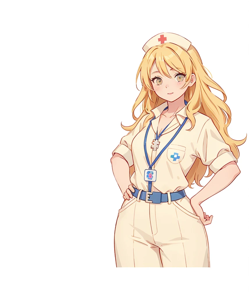(Visual novel), (key art), (character sprite), old woman, nurse, school nurse, ID lanyard, amber eyes, blonde hair, long hair, hand on hip, mature woman, (cleavage: 0.7)
