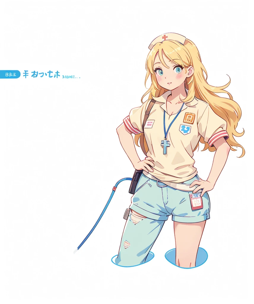 (Visual novel), (key art), (character sprite), old woman, nurse, school nurse, ID lanyard, amber eyes, blonde hair, long hair, hand on hip, mature woman, (cleavage: 0.7)