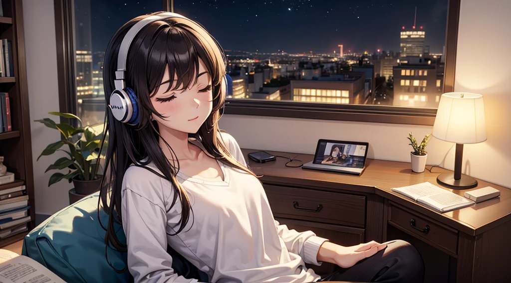 Girl with headphones enjoying music in a home　I am studying　Emphasize a little bit of the big chest　Looking towards me with eyes closed　Night Background