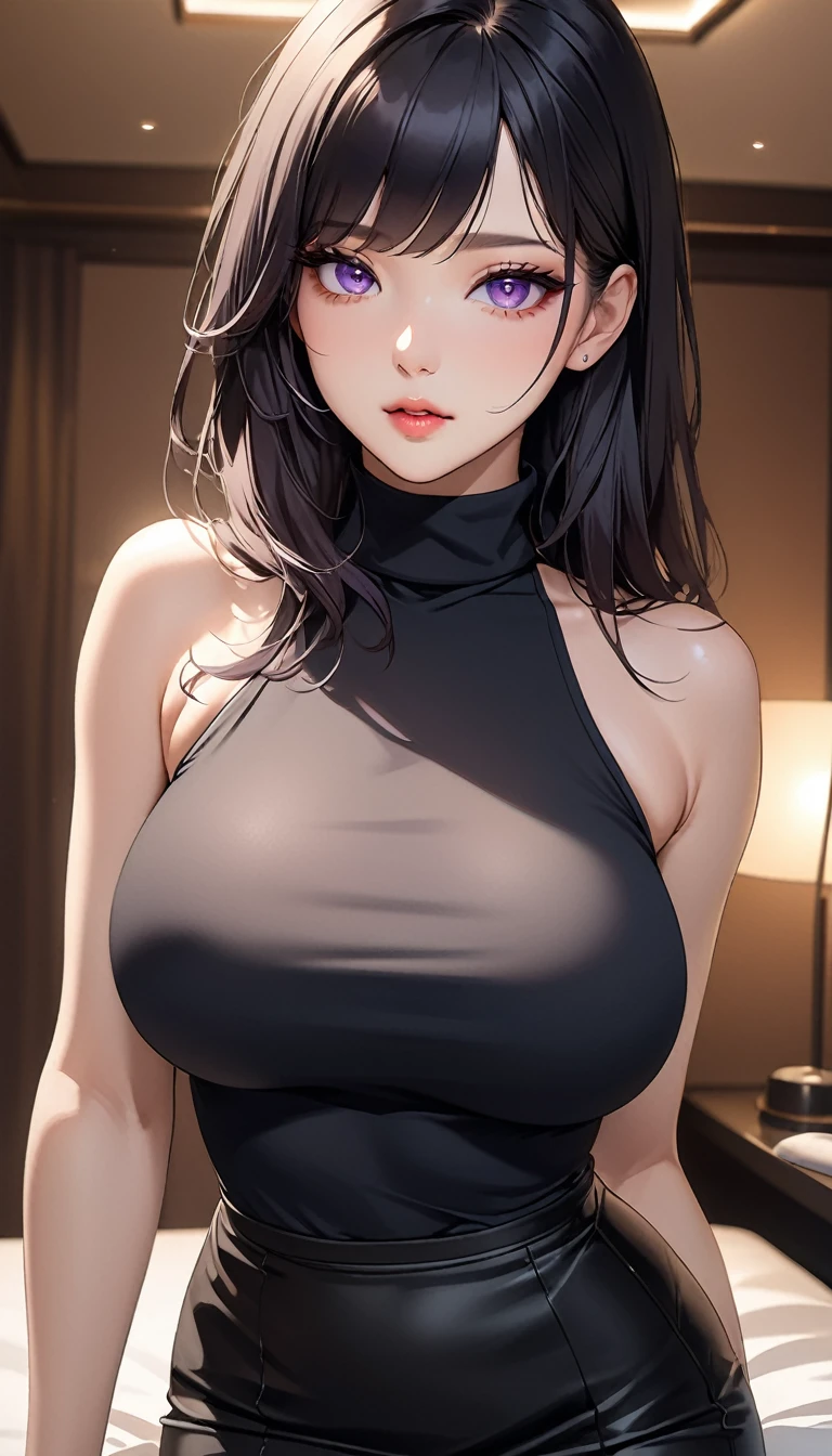 masterpiece, high resolution, beautiful woman, Korean Beauty, 30 years old, black sleeve less turtle neck, mini pencil skirt, beautiful woman, night hotel, looking at me, (high resolution face), (high resolution eyes), (high quality eyes), black hair, big tits, purple eyes
