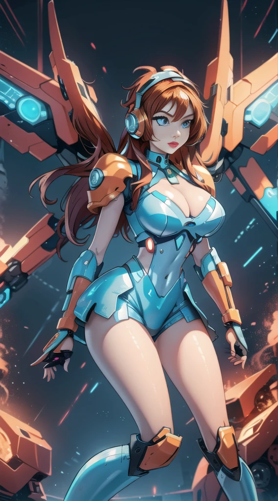 future, neon, tech Valkyrie, technology bodysuit,tech boots, tech gloves, tech headphones, cleavage, fullbody dynamic sexy pose, Tech futuristic armor.