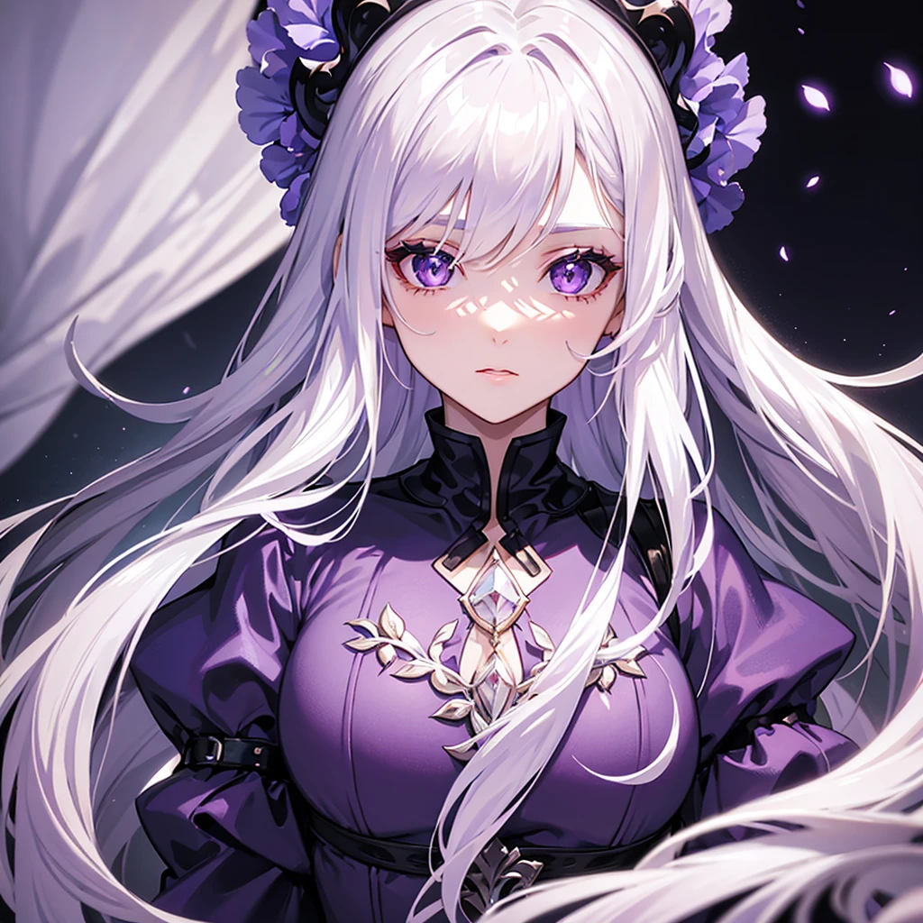 A girl with purple magic around her,pale skin,white hair, highest detailed hair, long hair,white iris,eyes with a very light shade of purple