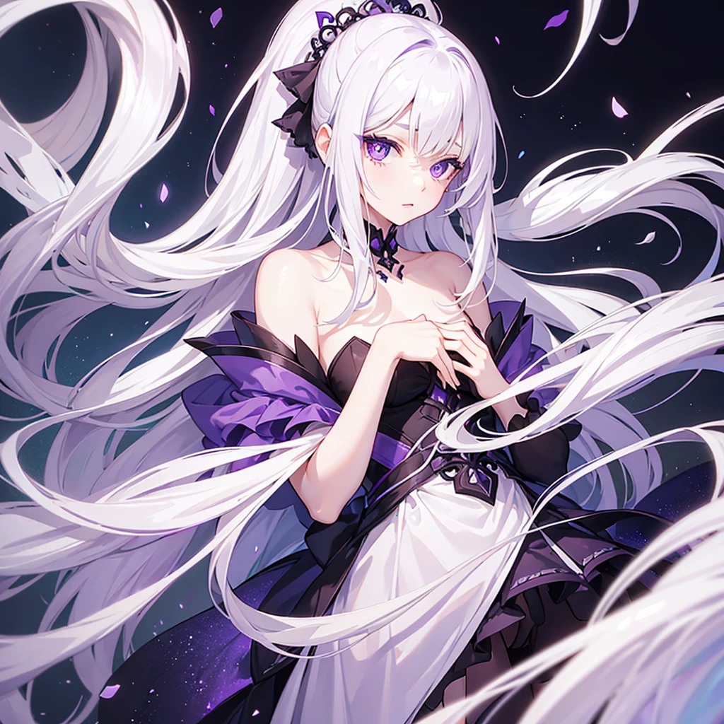 A girl with purple magic around her,pale skin,white hair, highest detailed hair, long hair,white iris,eyes with a very light shade of purple