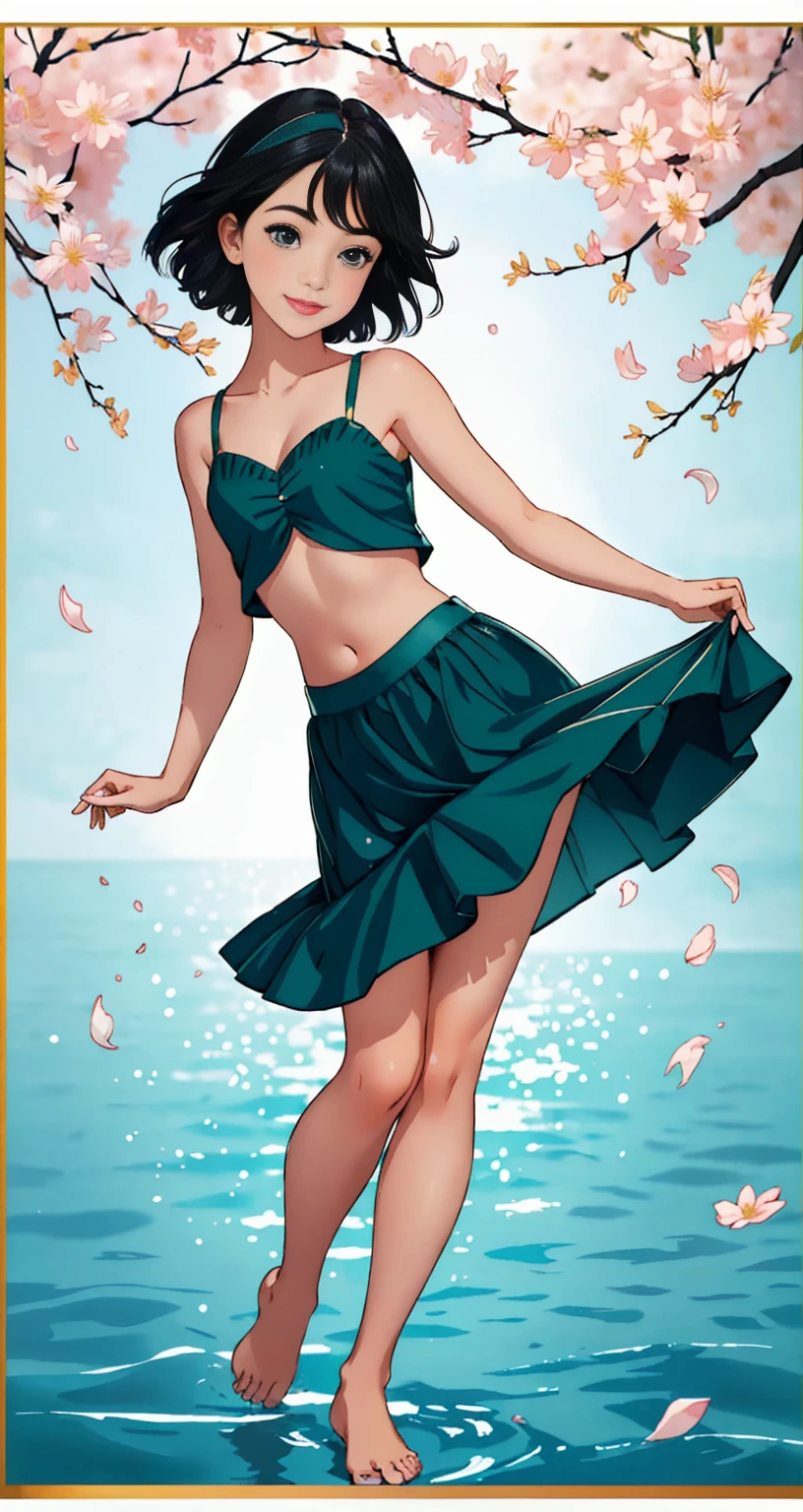 ((full body photo, standing, feet on the ground)) A cute and delicate portrait of a playful cute girl with short boyish hair, black hair, Emerald Green Sea, mischievous smile, dancing petals, (Superior Quality, master part, ultra-realistic) and petals floating in the background
