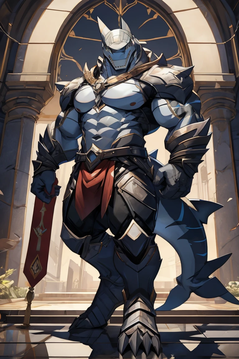 shark man medieveal in confidence pose, full body, frontal pose