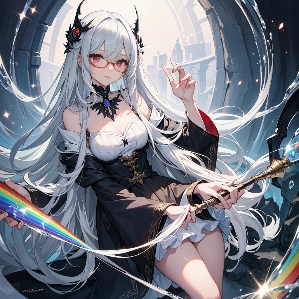 ((Best quality)), ((Masterpiece)), ((Ultra-detailed)), (illustration), (Detailed light), (An extremely delicate and beautiful),Dramatic perspective,A charming young girl,sorceress woman,Cute face,magestic,(Sexy figure),Black magic robe,Short black shawl,Big black witch hat,white dresses,Glasses,((Wave your big wand to cast spells)),((Rainbow magic)),rainbowing,(colorful), metallic gray hair, long smooth hair, straight cutted bans, strictly straight hairstyle and bangs, (((red eyes)))(heterochromia eyes) red right eye, gray left eye)