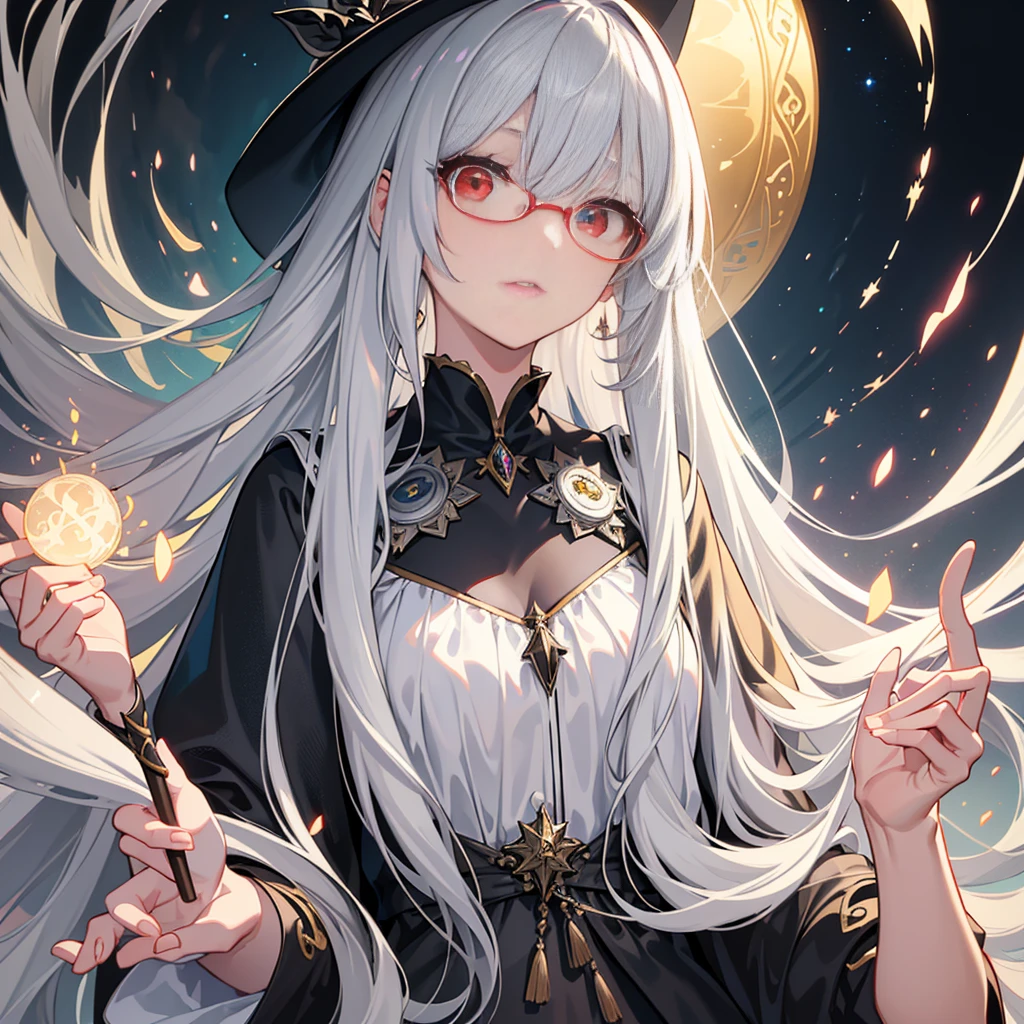 ((Best quality)), ((Masterpiece)), ((Ultra-detailed)), (illustration), (Detailed light), (An extremely delicate and beautiful),Dramatic perspective,A charming young girl,sorceress woman,Cute face,magestic,(Sexy figure),Black magic robe,Short black shawl,Big black witch hat,white dresses,Glasses,((Wave your big wand to cast spells)),((Rainbow magic)),rainbowing,(colorful), metallic gray hair, long smooth hair, straight cutted bans, strictly straight hairstyle and bangs, (((red eyes)))(heterochromia eyes) red right eye, gray left eye)